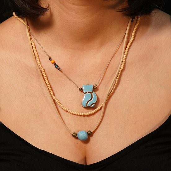 3 sıralı kolye | kedi (mavi)