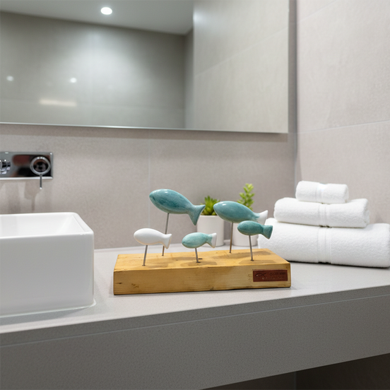 balık heykel seti | antik turkuvaz-beyaz